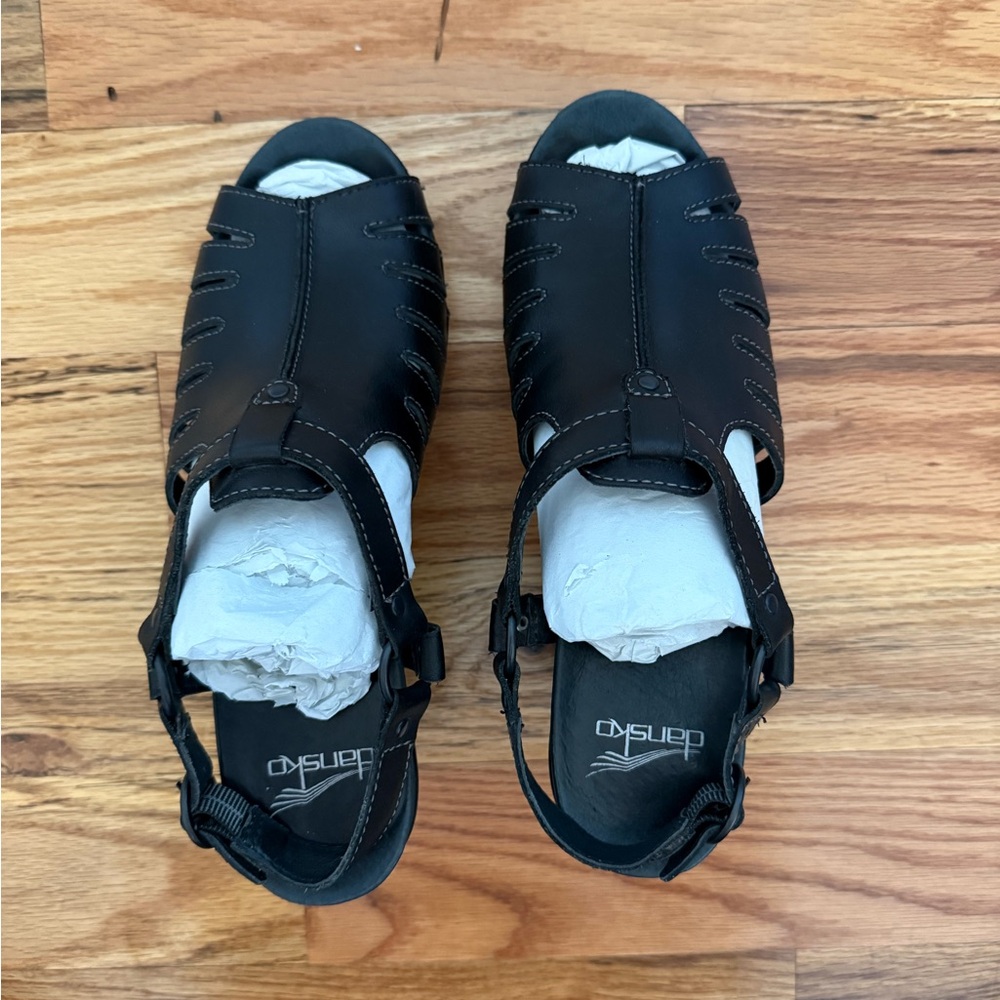 Dansko Randa Black Leather Sandals Peep Toe Chunky Heels Size EUR 39 US 8.5/9 - Picture 12 of 13
